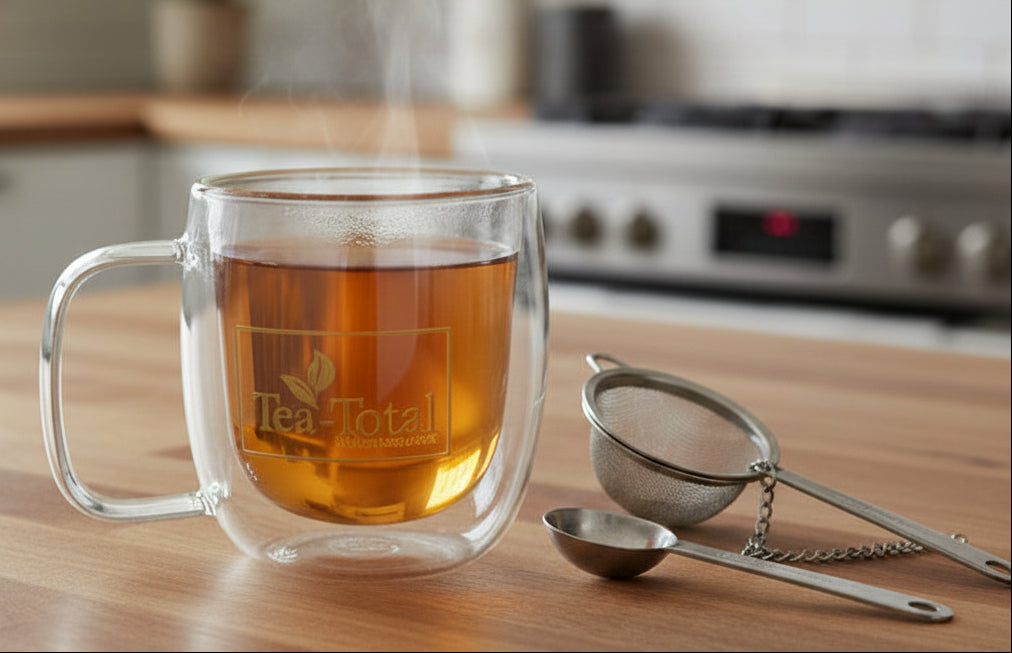 Glass mug with tea on a kitchen counter