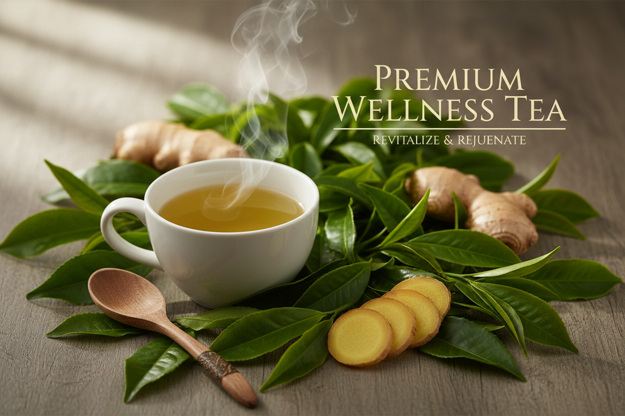 create a wellness tea banner with green tea and ginger